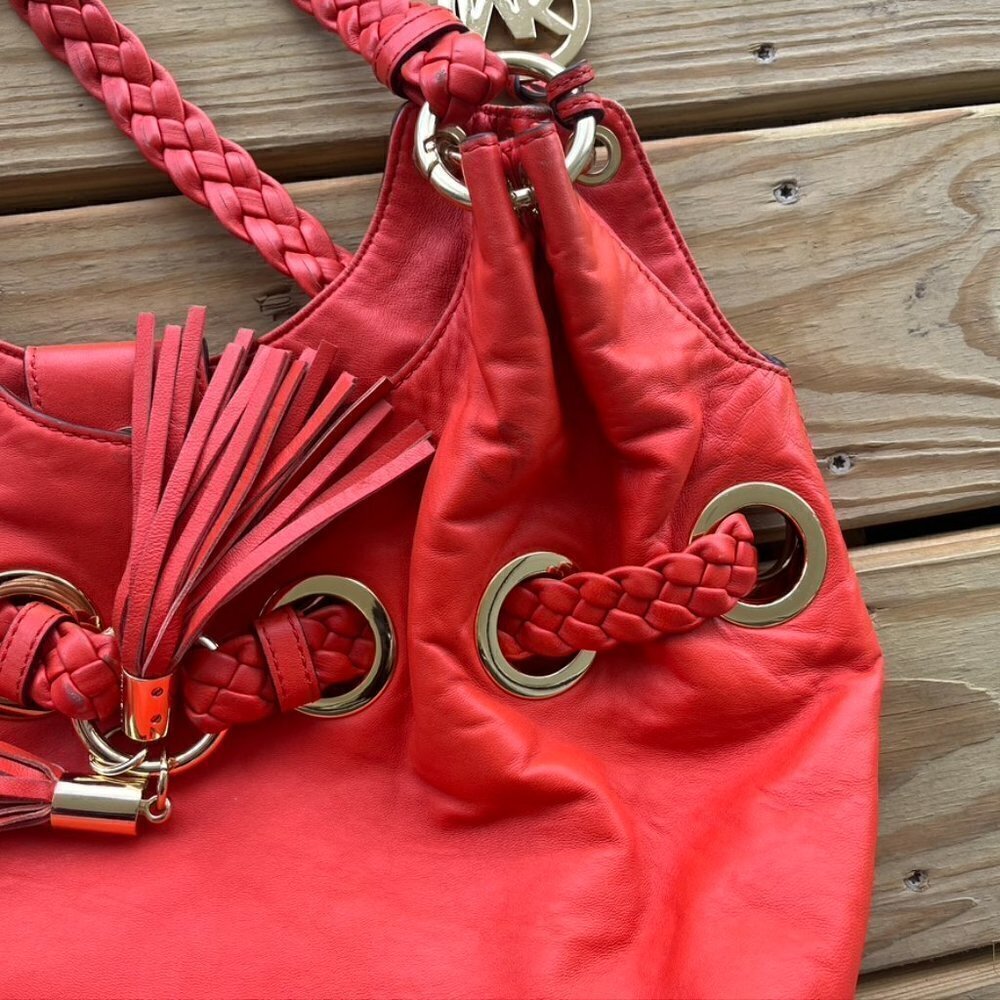 Michael Kors orange leather tassel hobo bag purse braided - Picture 3 of 12